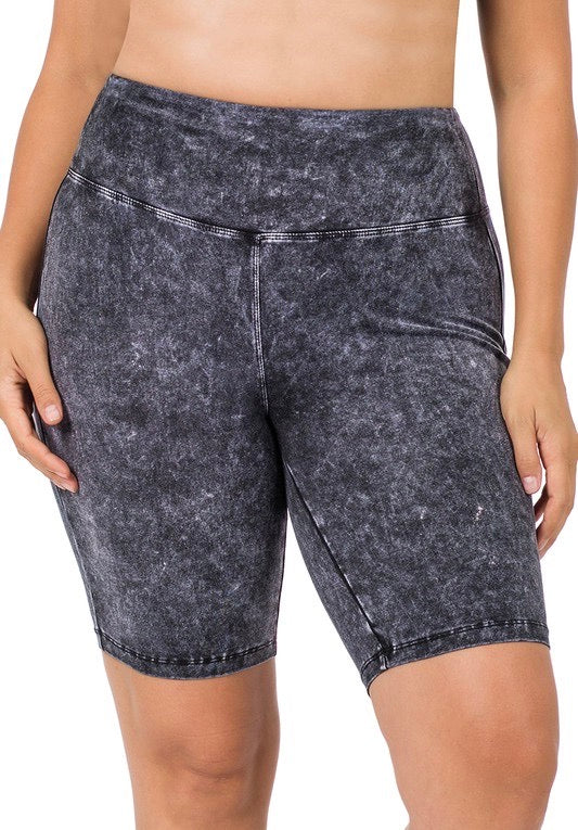 MINERAL WASH WIDE WAISTBAND BIKER SHORTS - CHARCOAL