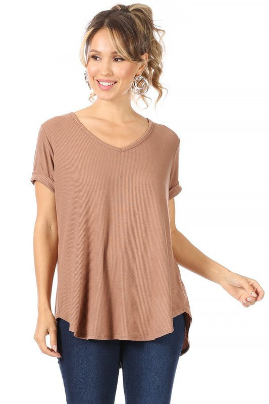 EARTH TONE CUFFED SLEEVE TOP - MOCHA