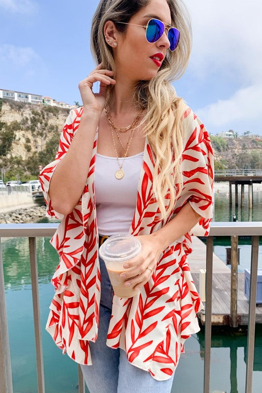 LEAF PRINT RUFFLED SLEEVE KIMONO COVER UP