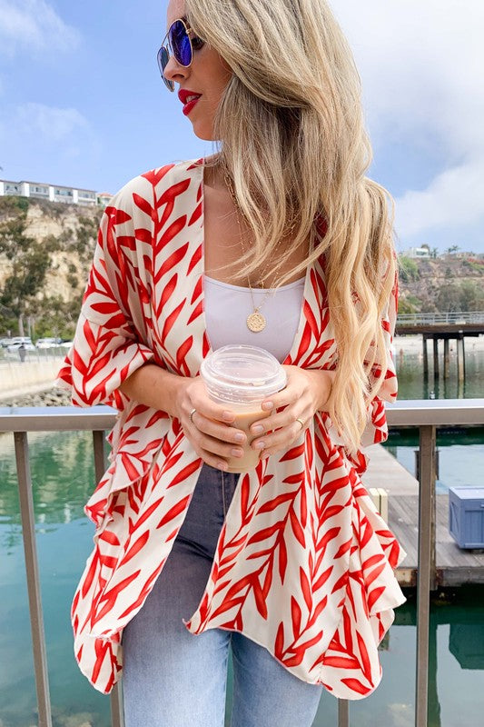 LEAF PRINT RUFFLED SLEEVE KIMONO COVER UP