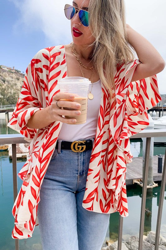 LEAF PRINT RUFFLED SLEEVE KIMONO COVER UP