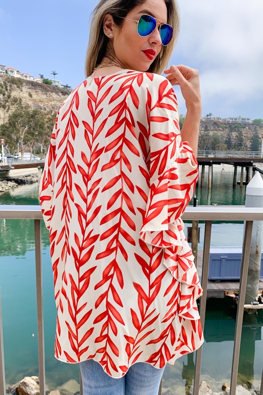 LEAF PRINT RUFFLED SLEEVE KIMONO COVER UP