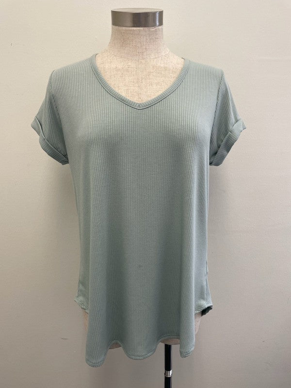 EARTH TONE CUFFED SLEEVE TOP - SAGE