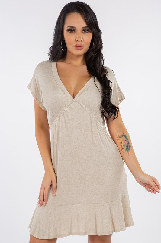 RIBBED V NECK SHORT SLEEVE DRESS