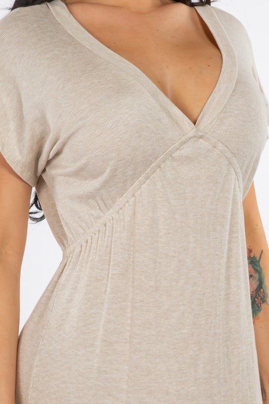 RIBBED V NECK SHORT SLEEVE DRESS