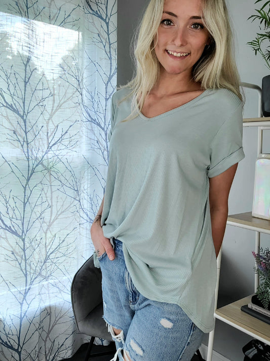 EARTH TONE CUFFED SLEEVE TOP - SAGE