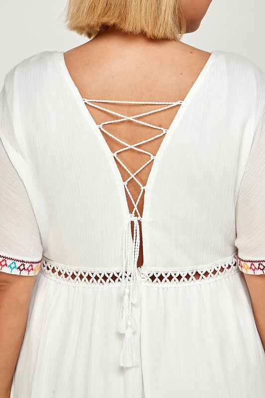 POOLSIDE EMBROIDERED LACE UP BACK DRESS